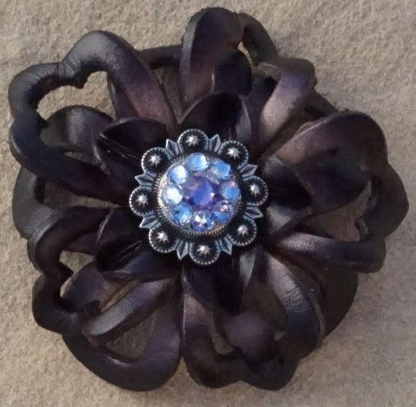 Black Lotus Flower With Antique Silver Lilac and Light Sapphire 1" Concho