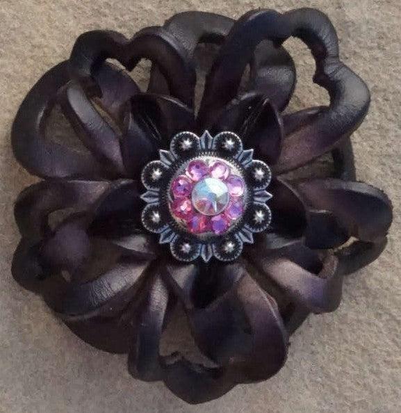 Black Lotus Flower With Antique Silver Pink and AB 1" Concho