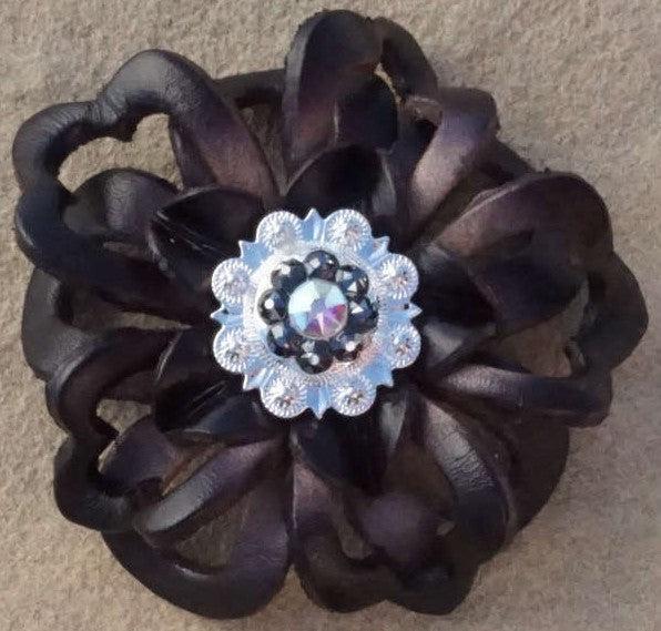 Black Lotus Flower With Bright Silver Jet and AB 1" Concho