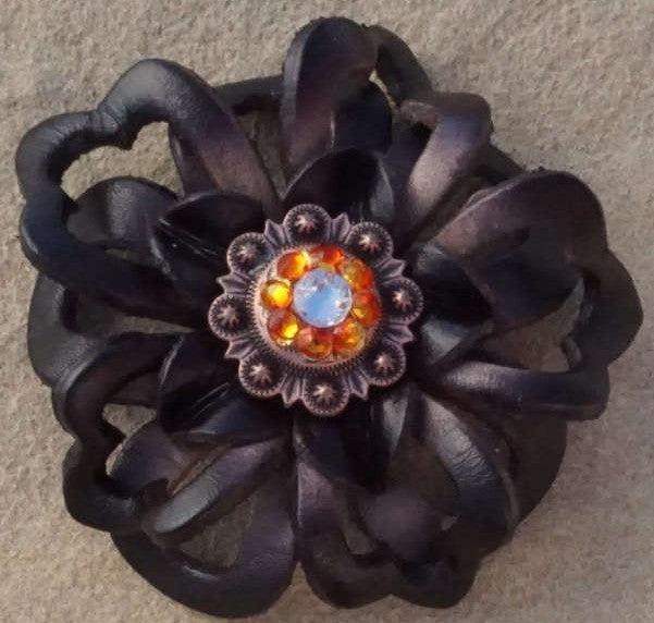 Black Lotus Flower With Copper Fire Opal and AB 1" Concho