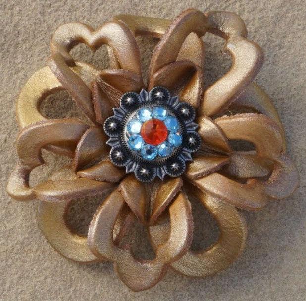 Gold Lotus Flower With Antique Silver Fire Opal and Aqua 1" Concho