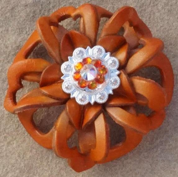 Orange Lotus Flower With Bright Silver Fire Opal &amp; Clear 1" Concho