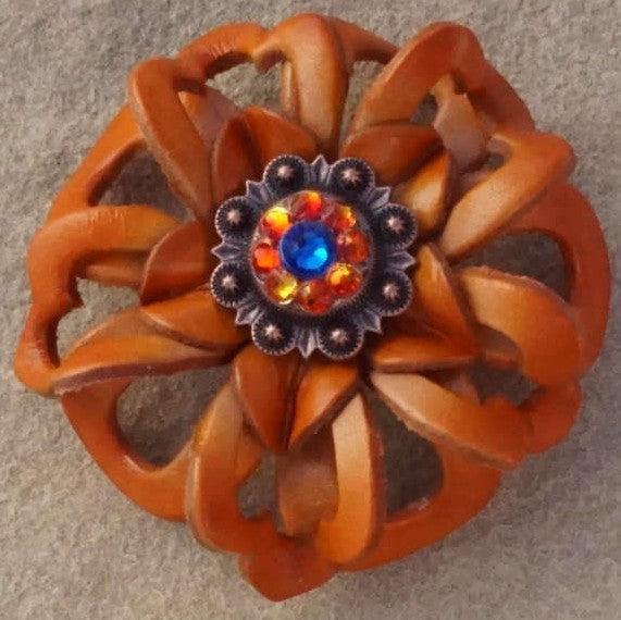 Orange Lotus Flower With Copper Capri &amp; Fire Opal 1" Concho