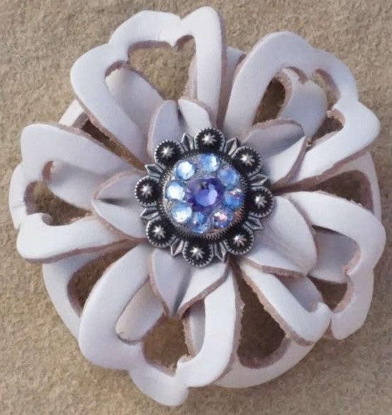 White Lotus Flower With Antique Silver Lilac and Light Sapphire 1" Concho