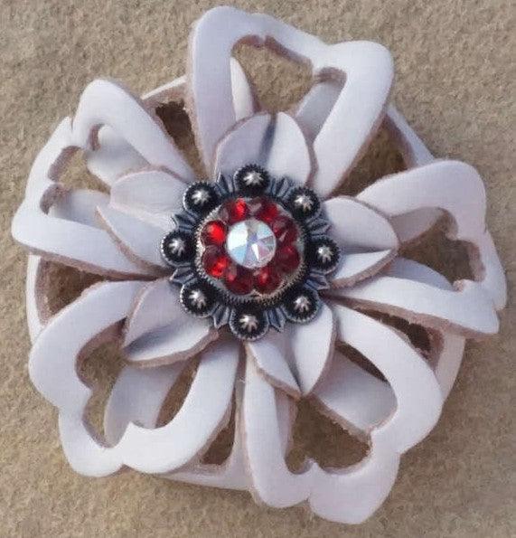 White Lotus Flower With Antique Silver Ruby and AB 1" Concho