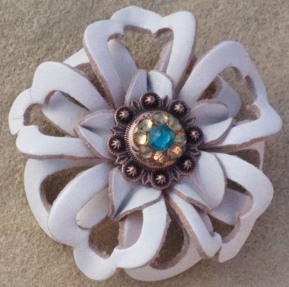 White Lotus Flower With Copper Teal and Champagne 1" Concho