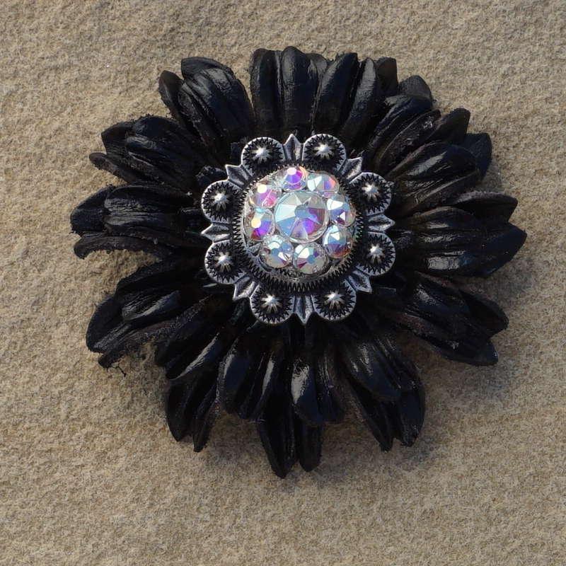Black Daisy Flower With Antique Silver AB 1" Concho