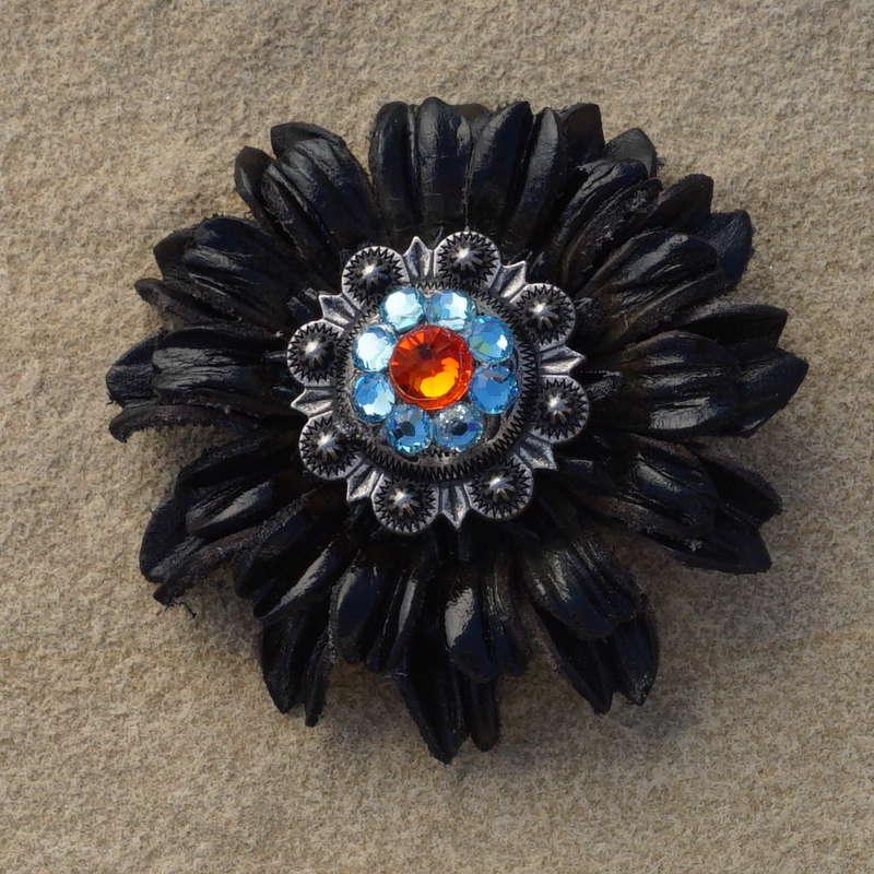 Black Daisy Flower With Antique Silver Fire Opal and Aqua 1" Concho
