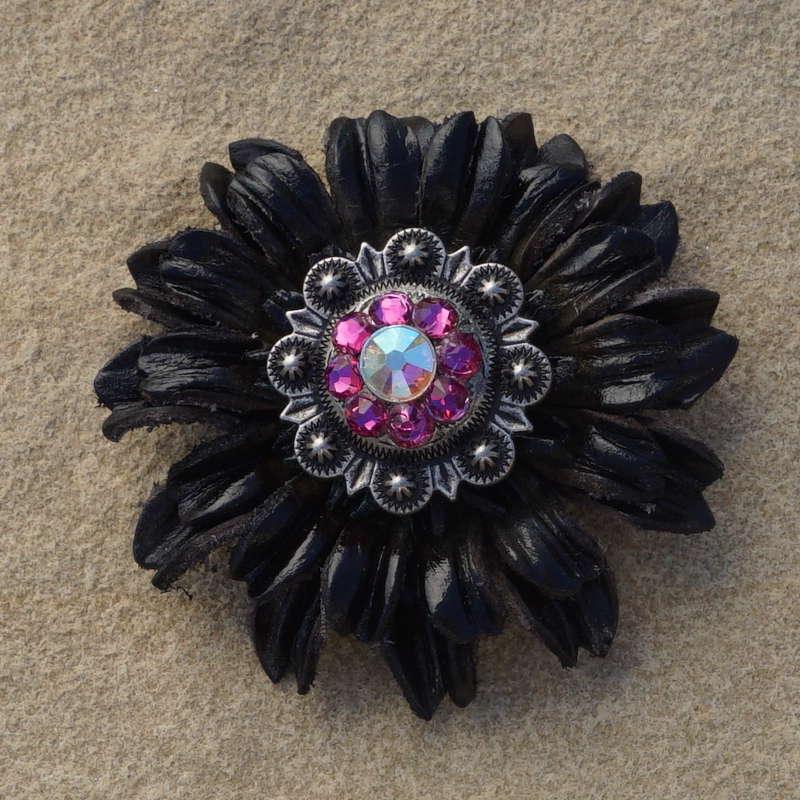 Black Daisy Flower With Antique Silver Fuchsia and AB 1" Concho