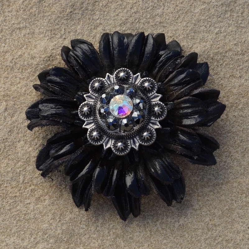 Black Daisy Flower With Antique Silver Jet and AB 1" Concho