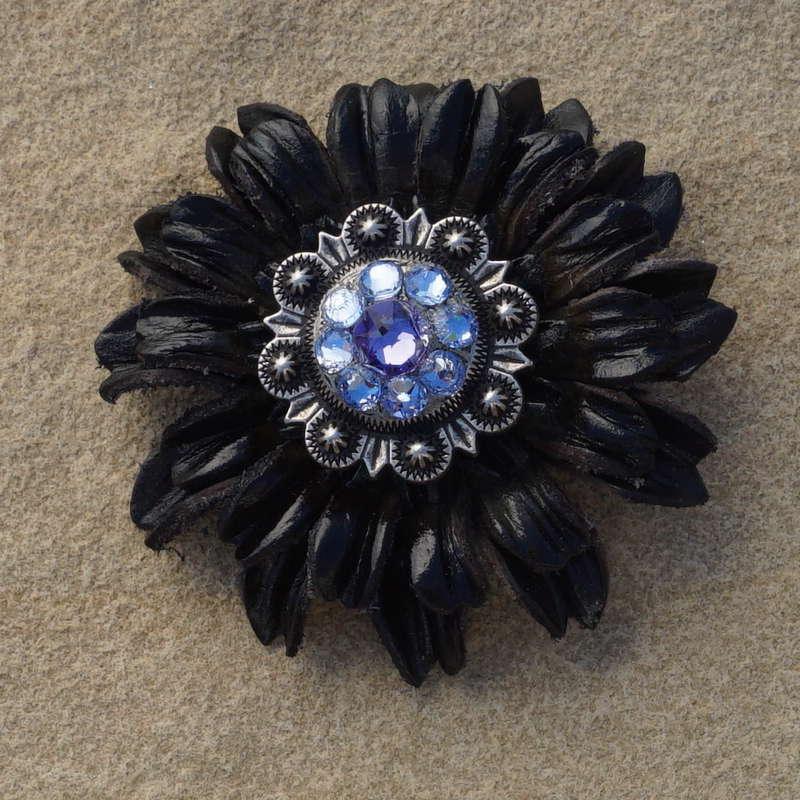 Black Daisy Flower With Antique Silver Lilac and Light Sapphire 1" Concho