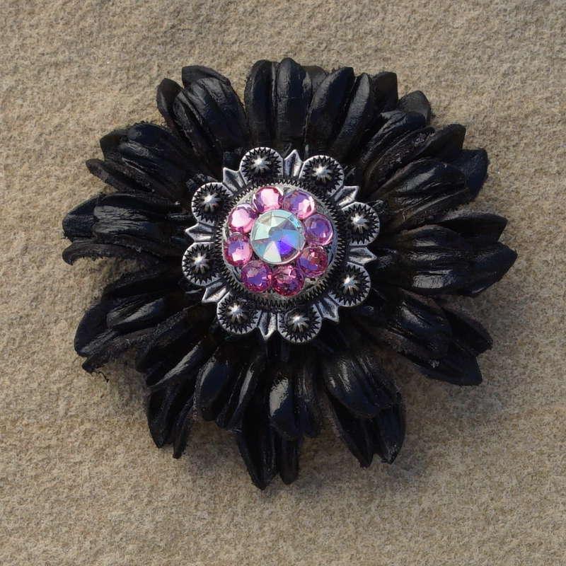 Black Daisy Flower With Antique Silver Pink and AB 1" Concho