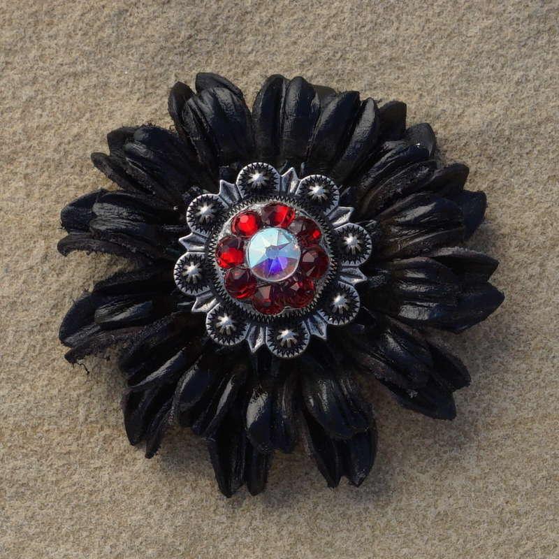 Black Daisy Flower With Antique Silver Ruby and AB 1" Concho
