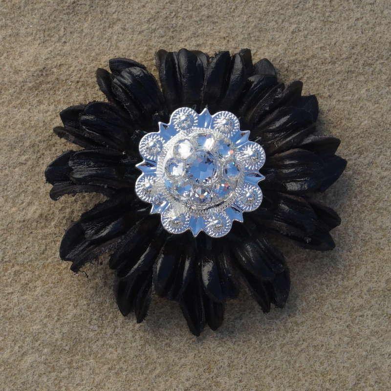 Black Daisy Flower With Bright Silver Clear 1" Concho