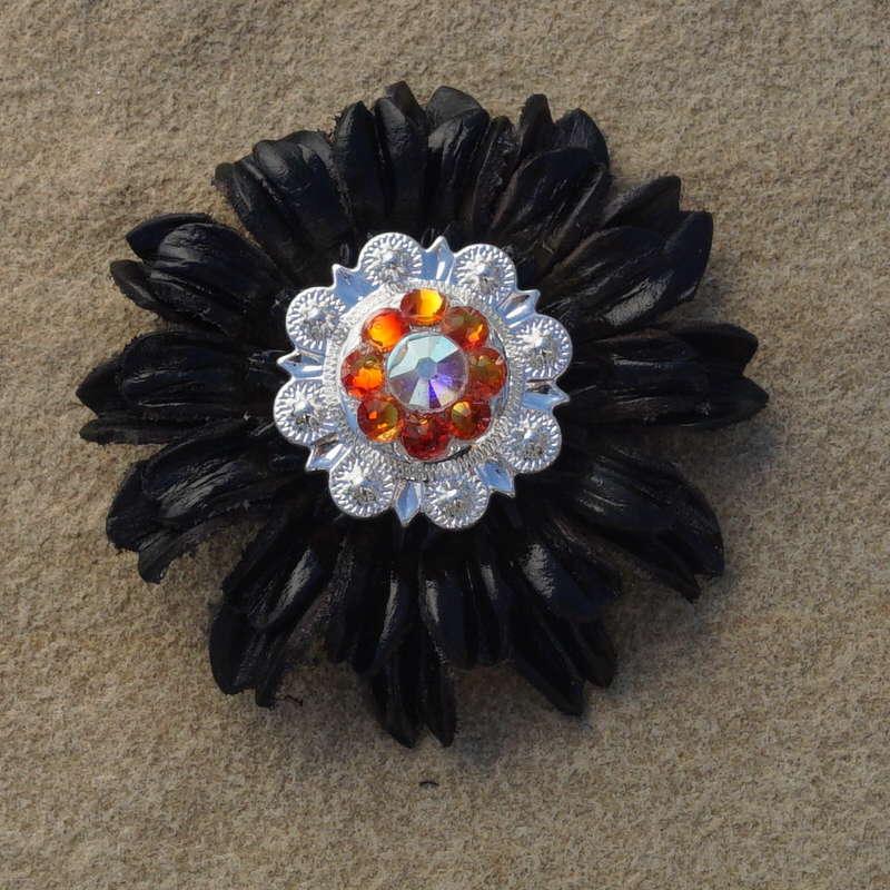 Black Daisy Flower With Bright Silver Fire Opal and AB 1" Concho