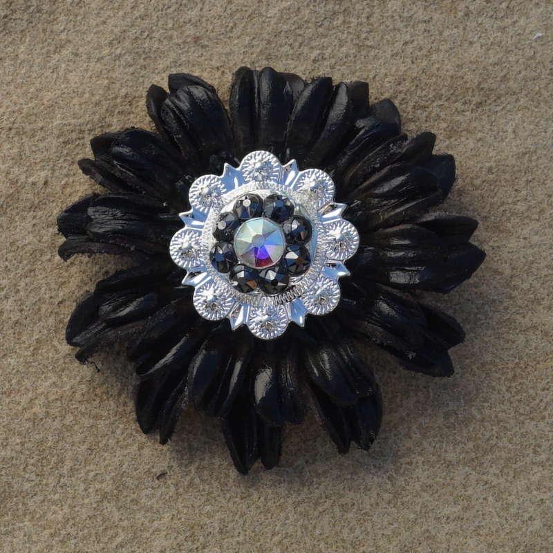 Black Daisy Flower With Bright Silver Jet and AB 1" Concho