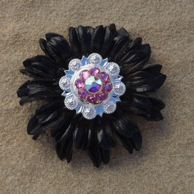 Black Daisy Flower With Bright Silver Pink and AB 1" Concho