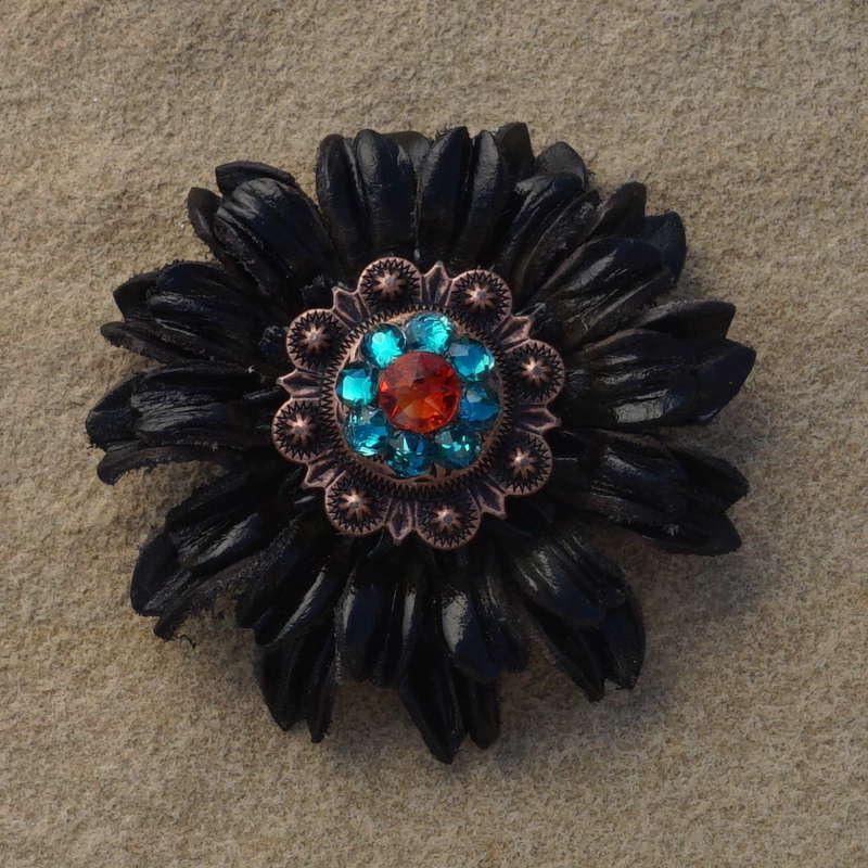 Black Daisy Flower With Copper Fire Opal and Teal 1" Concho