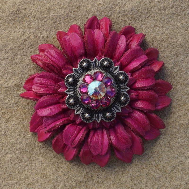 Hot Pink Daisy Flower With Antique Silver Fuchsia and AB 1" Concho