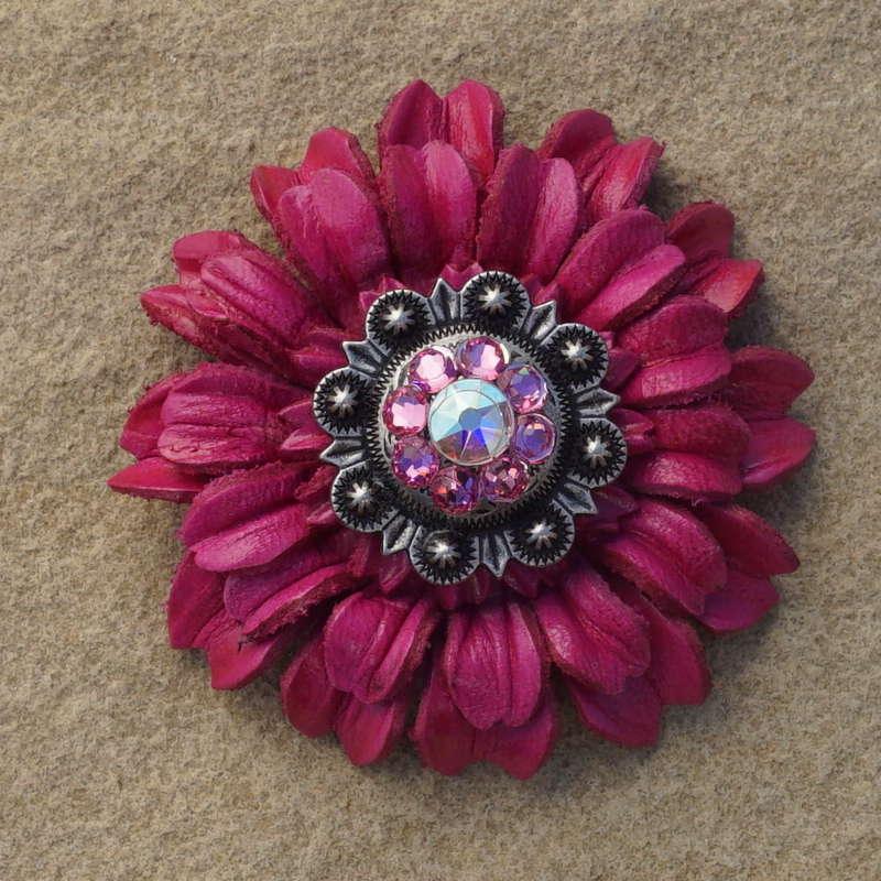 Hot Pink Daisy Flower With Antique Silver Pink and AB 1" Concho