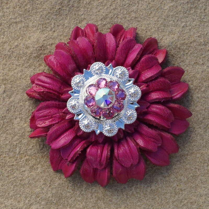 Hot Pink Daisy Flower With Bright Silver Pink and AB 1" Concho