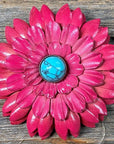 Hand Painted Leather Flowers - Daisies - Round Turquoise Cabochons