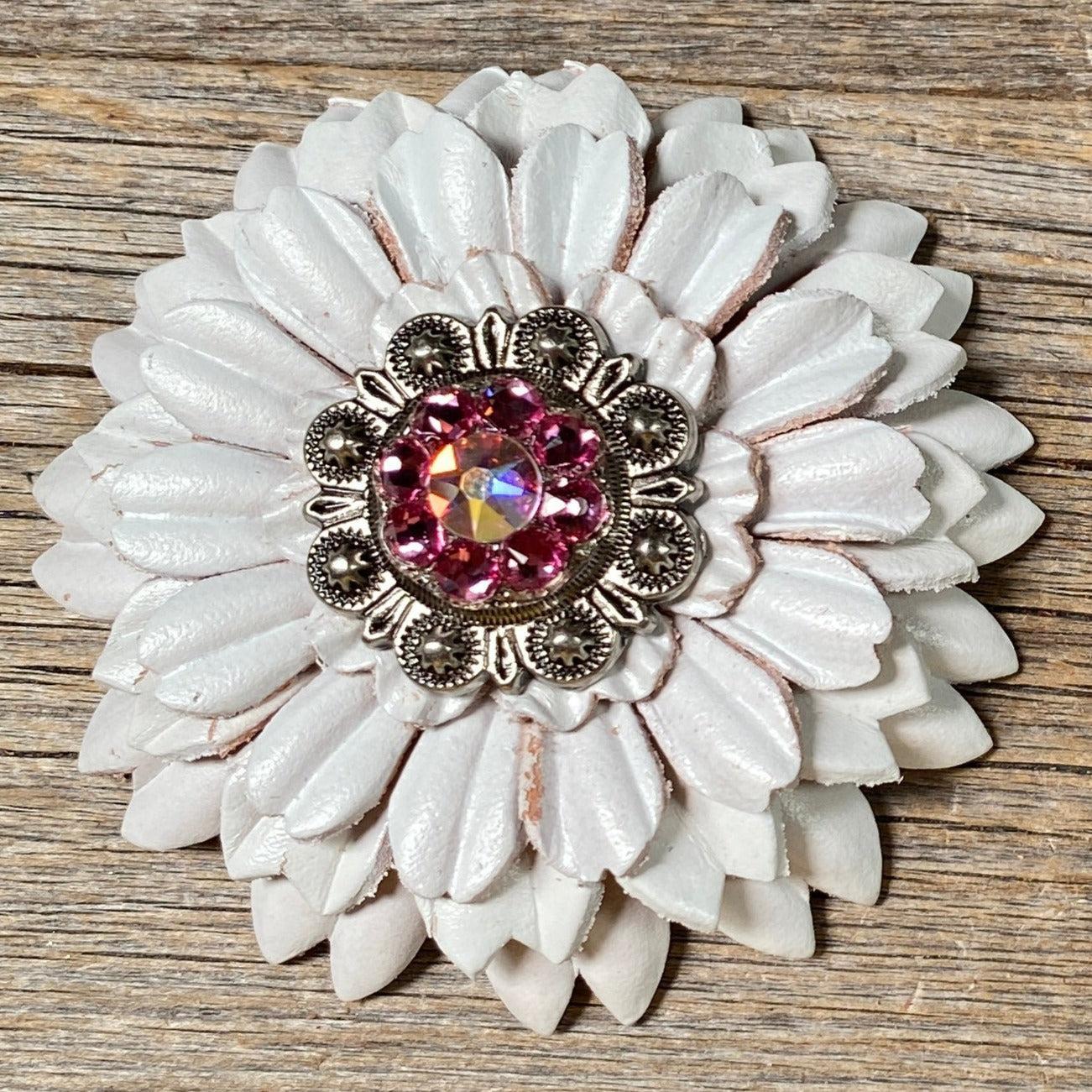 White Daisy Leather Flowers - 1" Crystal Conchos - Options