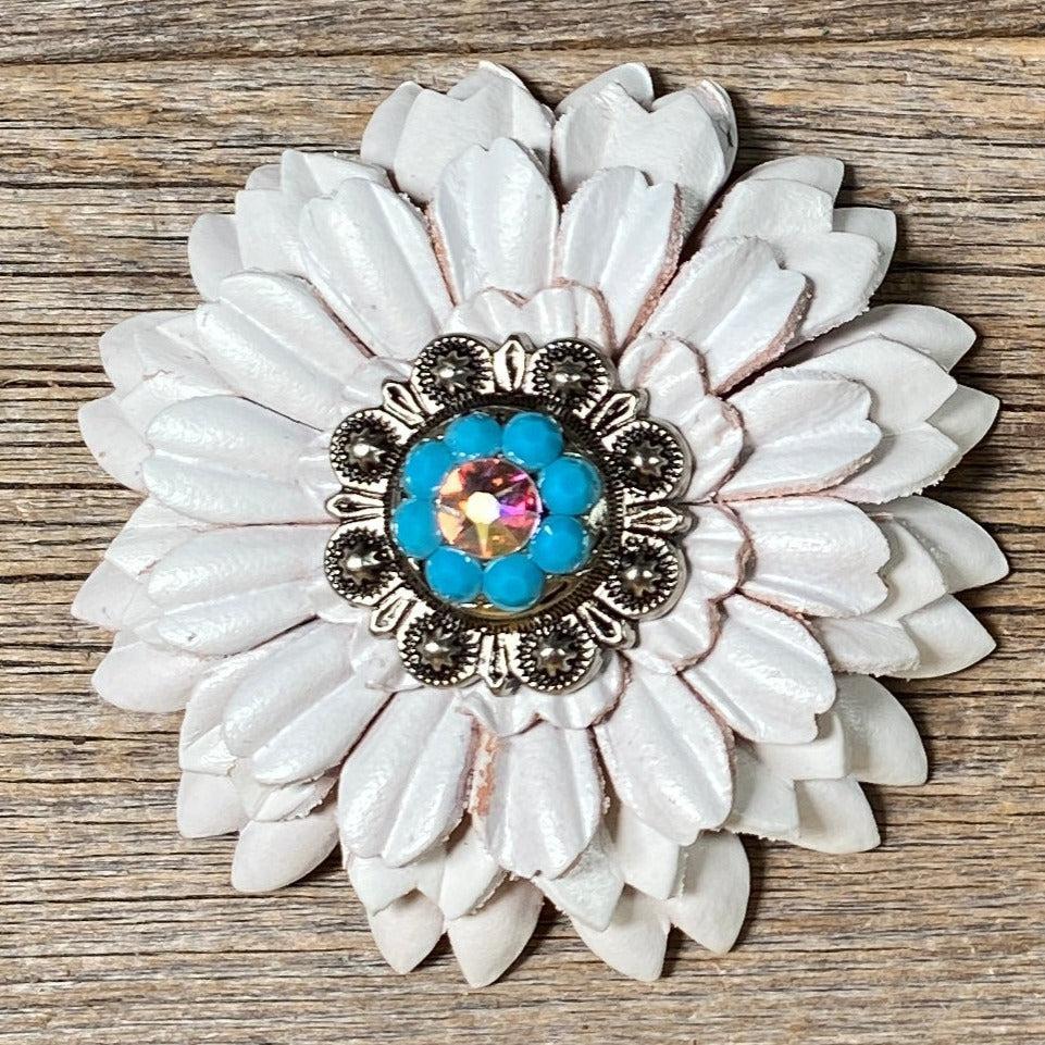 White Daisy Leather Flowers - 1" Crystal Conchos - Options