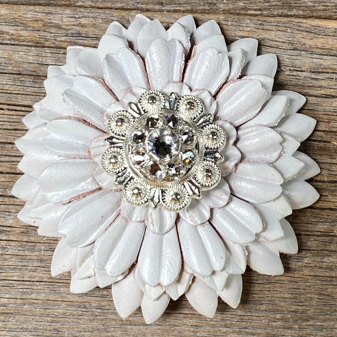 White Daisy Leather Flowers - 1" Crystal Conchos - Options