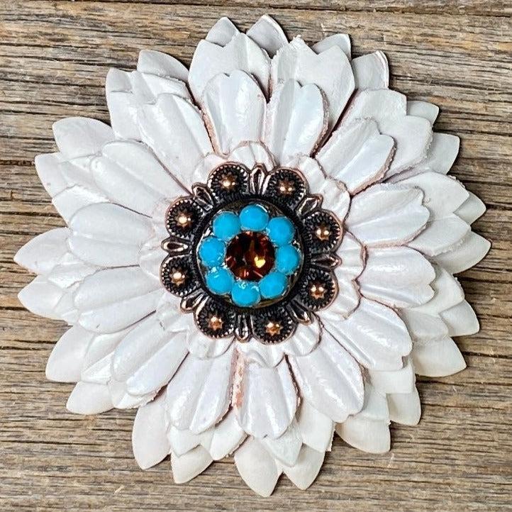 White Daisy Leather Flowers - 1" Crystal Conchos - Options