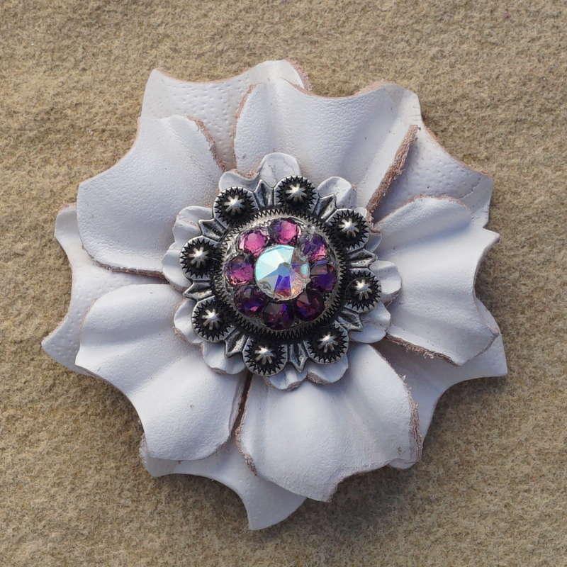 White Carnation Flower With Antique Silver Amethyst and AB 1" Concho