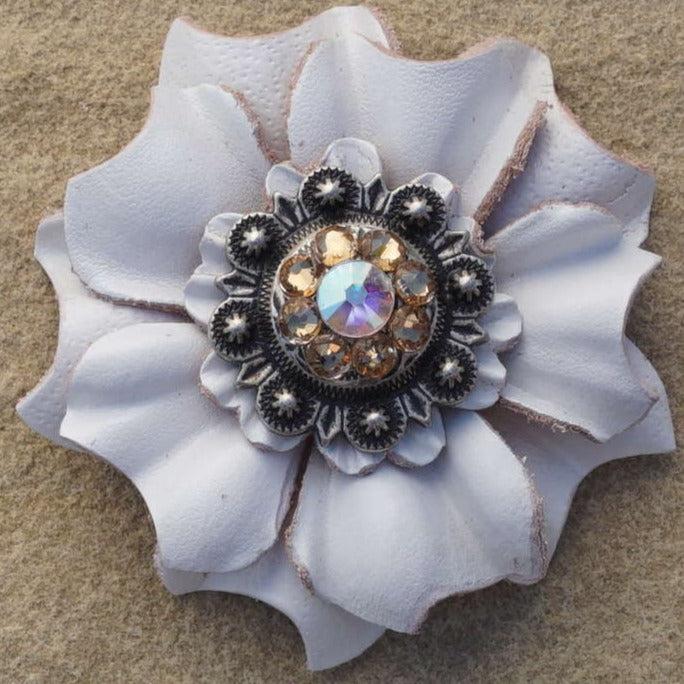 White Carnations Leather Flowers - 1" Crystal Conchos - Options