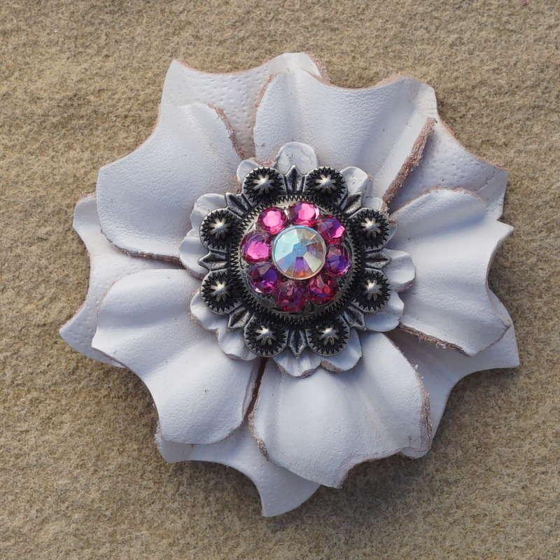 White Carnation Flower With Antique Silver Fuchsia and AB 1" Concho