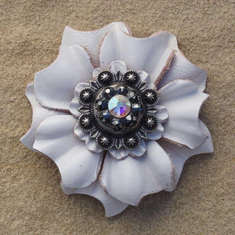 White Carnation Flower With Antique Silver Jet and AB 1" Concho