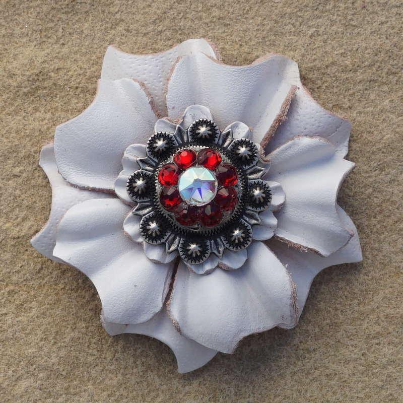 White Carnation Flower With Antique Silver Ruby and AB 1" Concho