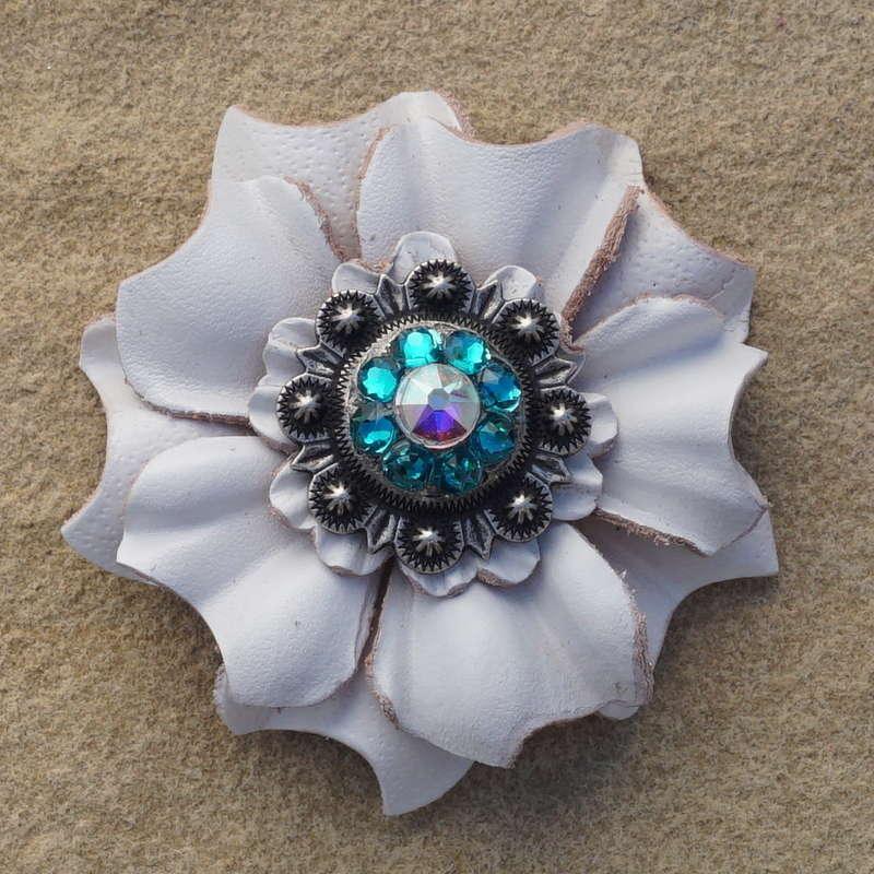 White Carnation Flower With Antique Silver Teal and AB 1" Concho