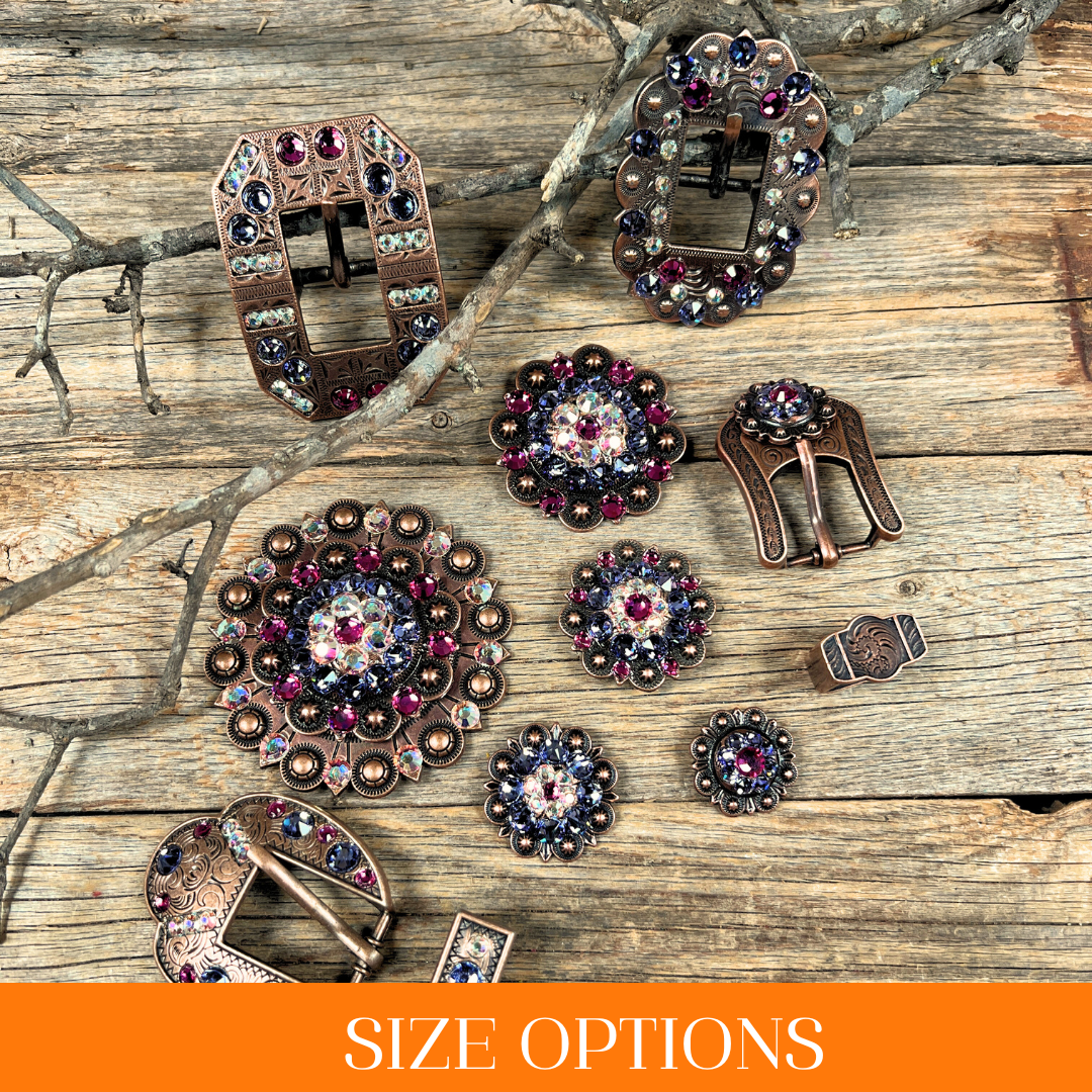 Copper Fuchsia - AB - Lilac Crystal Conchos Sizes from 1"-3" and Buckles