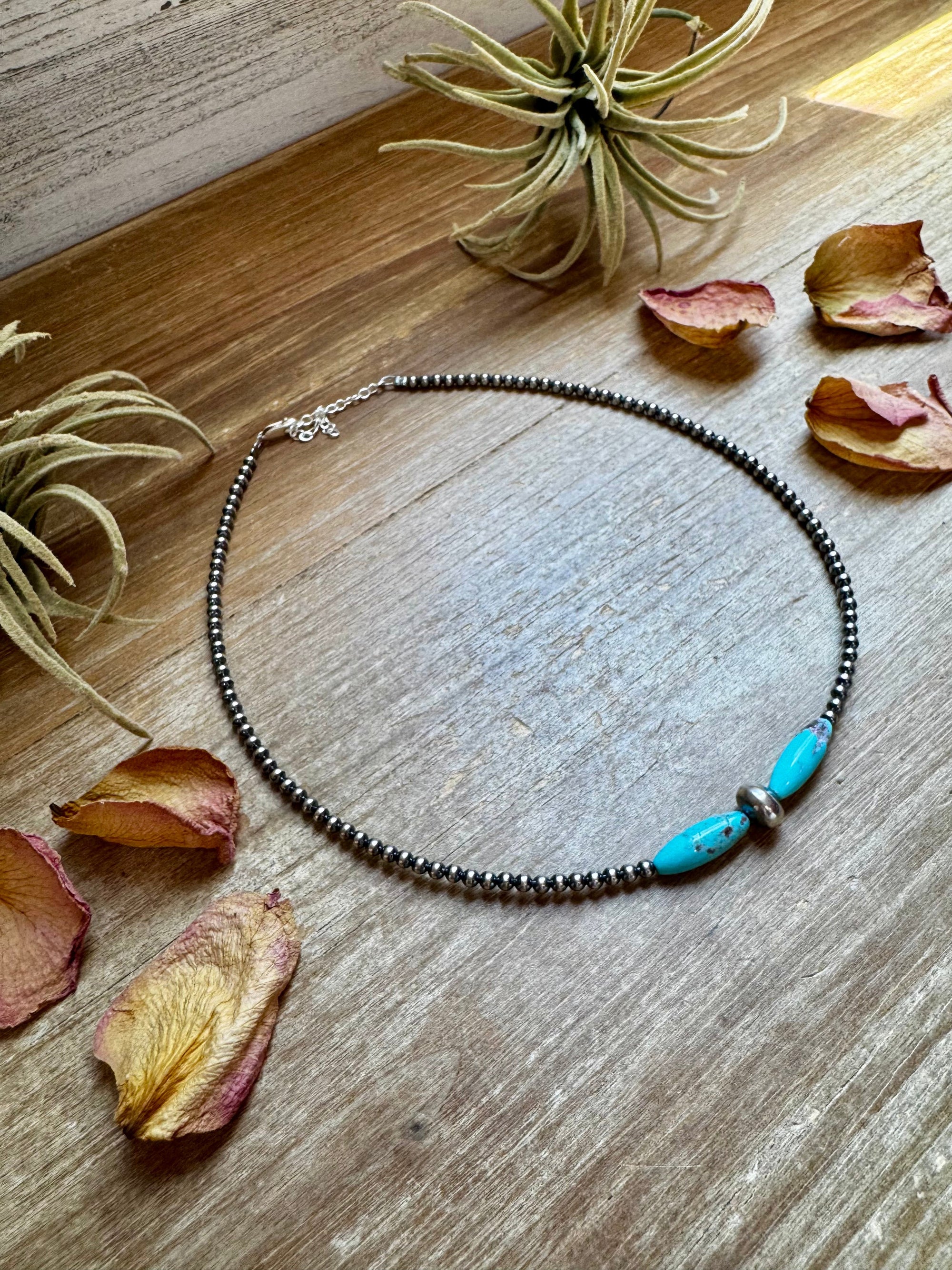 15-Inch Sterling Silver Pearl &amp; Blue Turquoise Torpedo Choker
