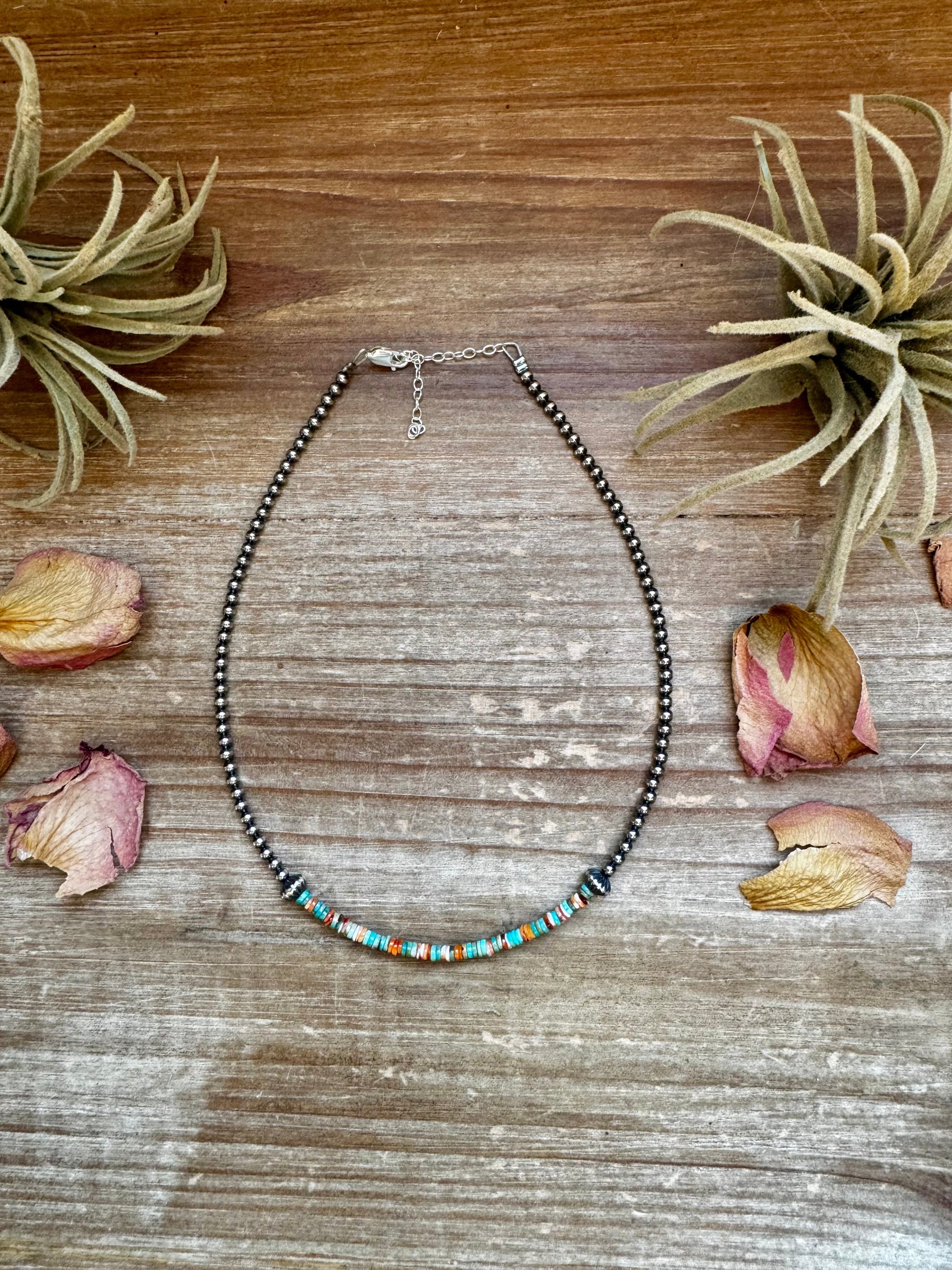 Sterling Silver Pearl Choker with Turquoise &amp; Spiny Oyster Heishi