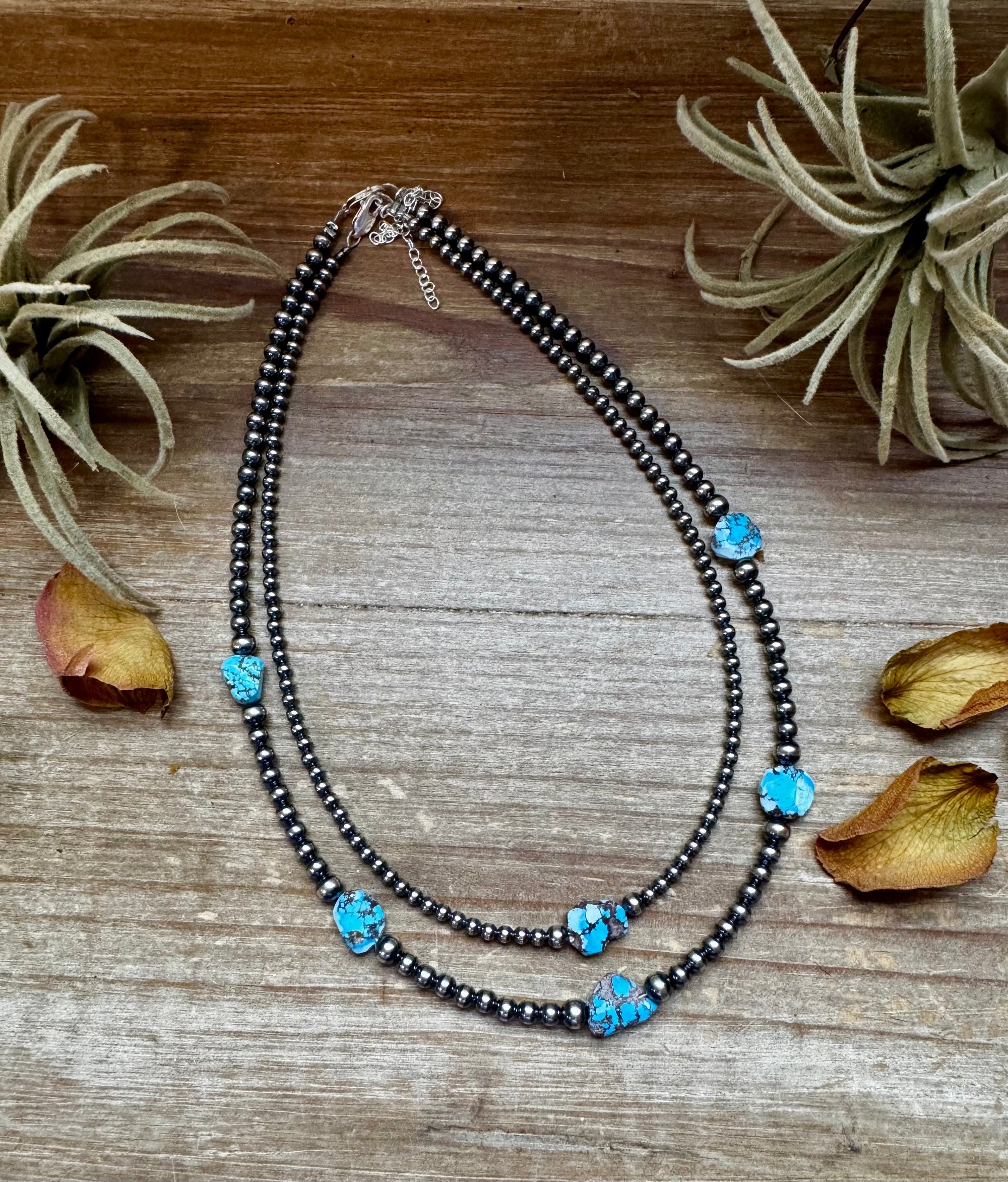 Golden Hill Turquoise &amp; Sterling Silver Pearl Necklace – 16" + Extender
