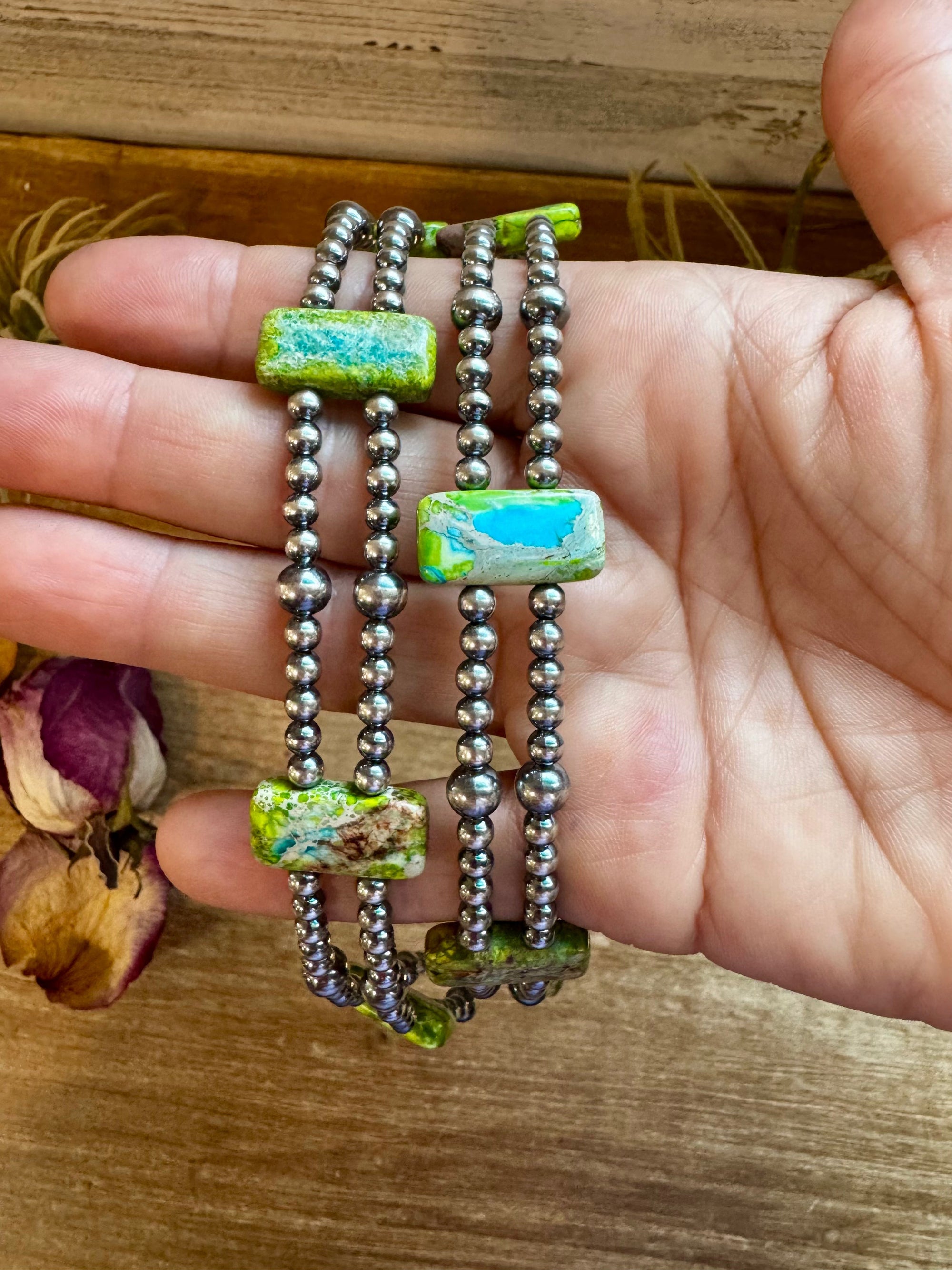 Green/Blue Double Strand Necklace – 13” Beaded – Sterling Silver Pearls &amp; Rectangle Variscite Turquoise