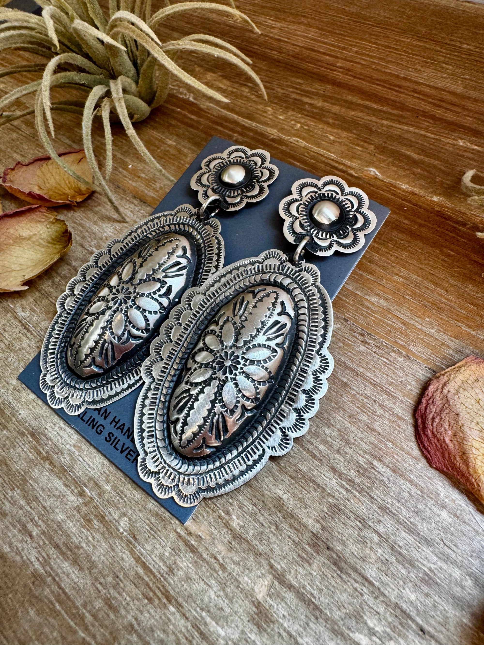 Leander Tahe Sterling Silver Earrings – Post &amp; Dangle Statement with Stamped Detail