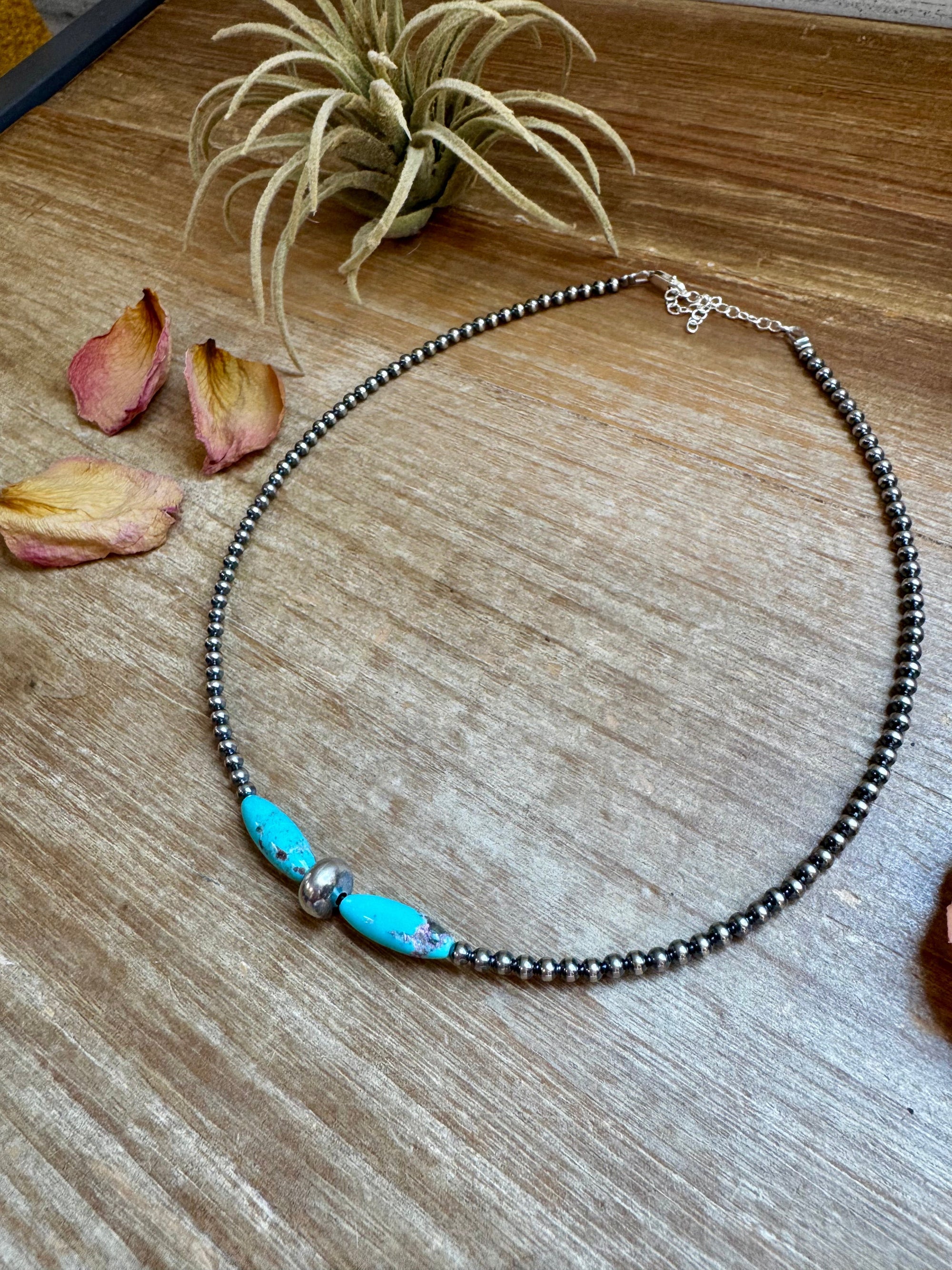 15-Inch Sterling Silver Pearl &amp; Blue Turquoise Torpedo Choker