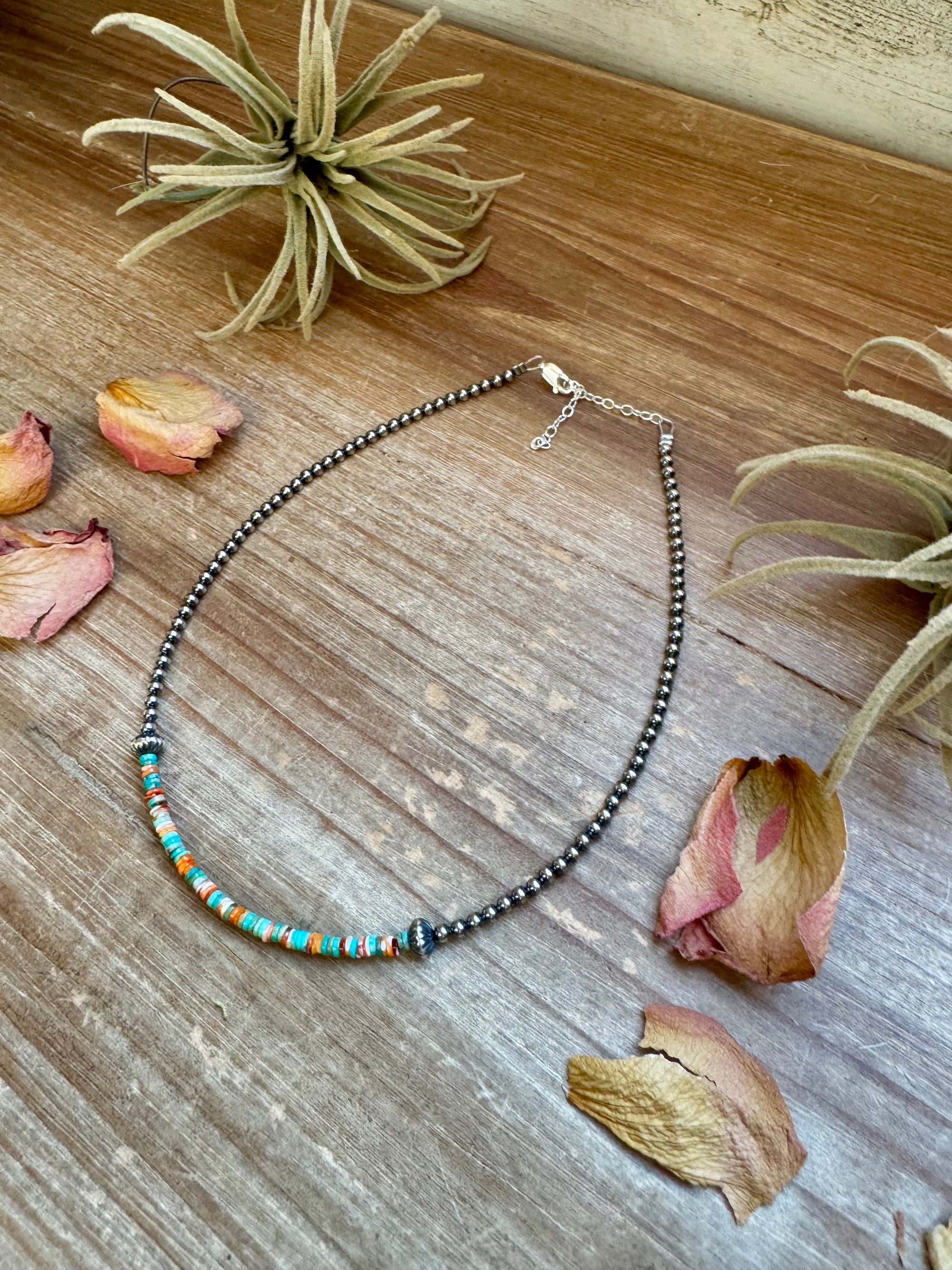 Sterling Silver Pearl Choker with Turquoise &amp; Spiny Oyster Heishi