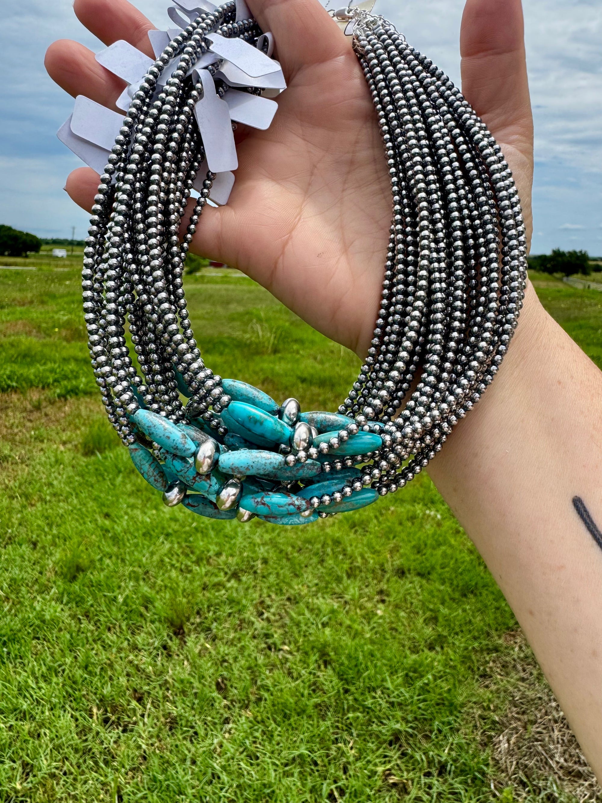 15-Inch Sterling Silver Pearl &amp; Blue Turquoise Torpedo Choker