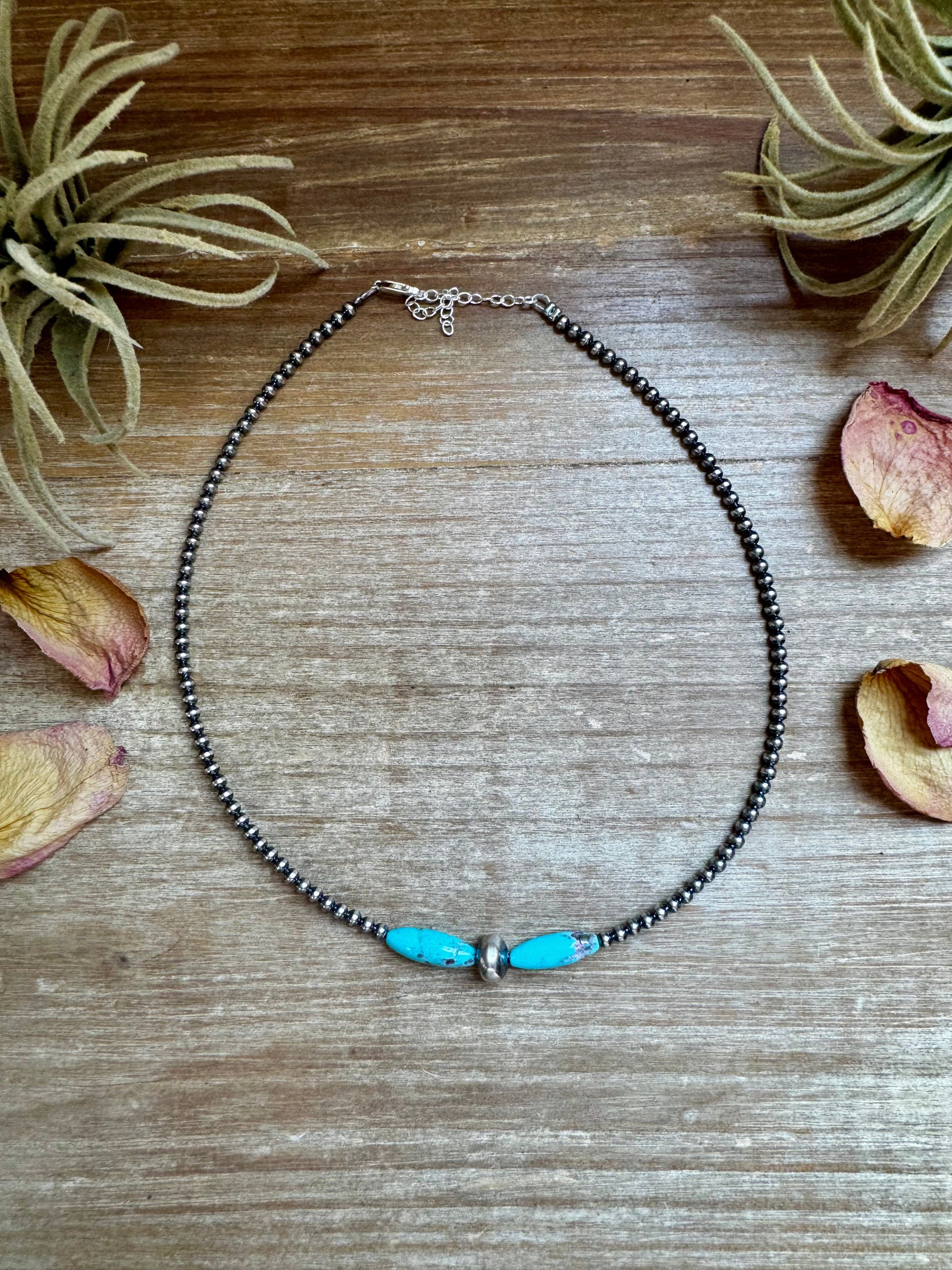 15-Inch Sterling Silver Pearl &amp; Blue Turquoise Torpedo Choker