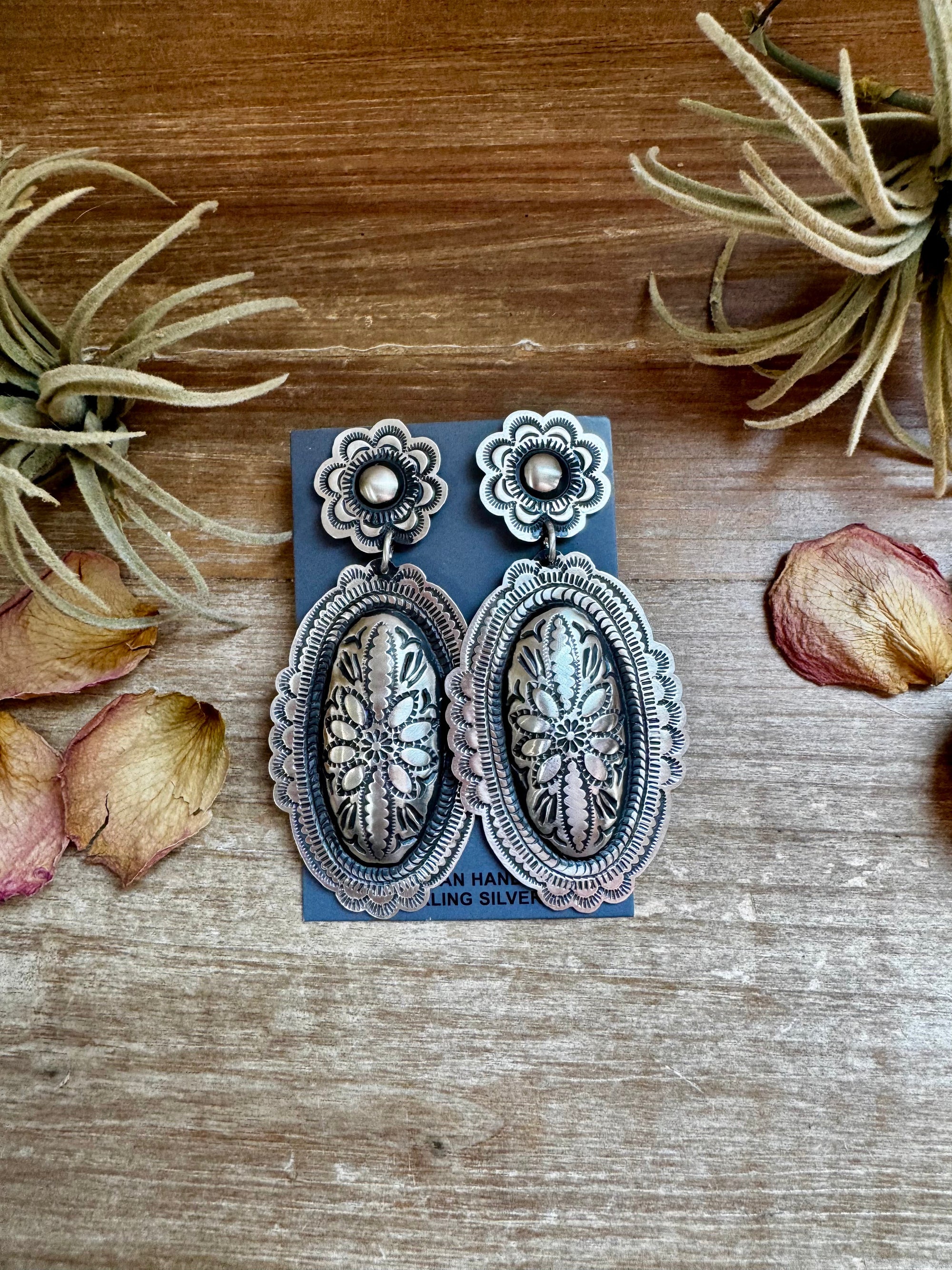 Leander Tahe Sterling Silver Earrings – Post &amp; Dangle Statement with Stamped Detail