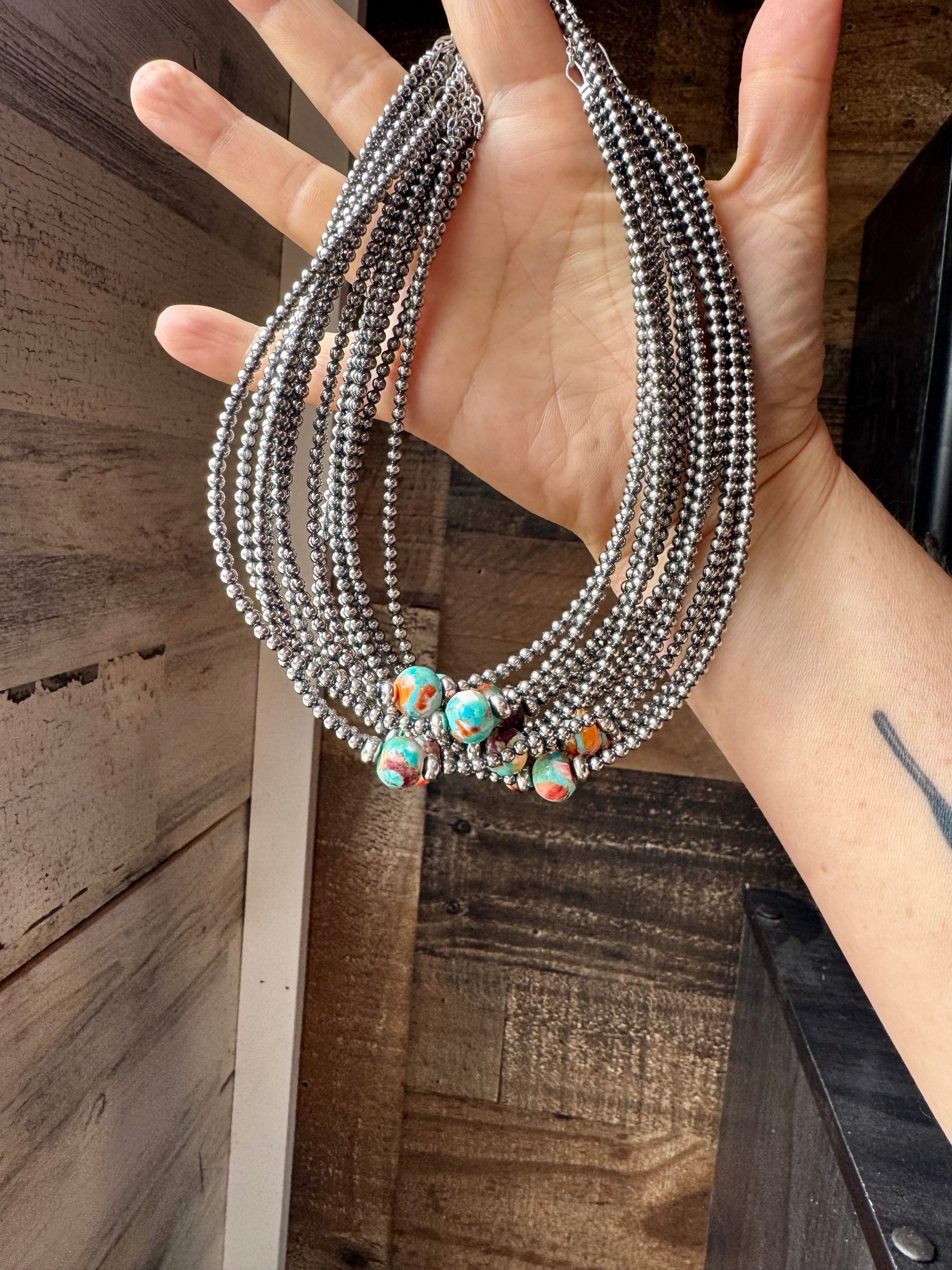 14-Inch Sterling Silver Pearl &amp; Mojave Bead Choker