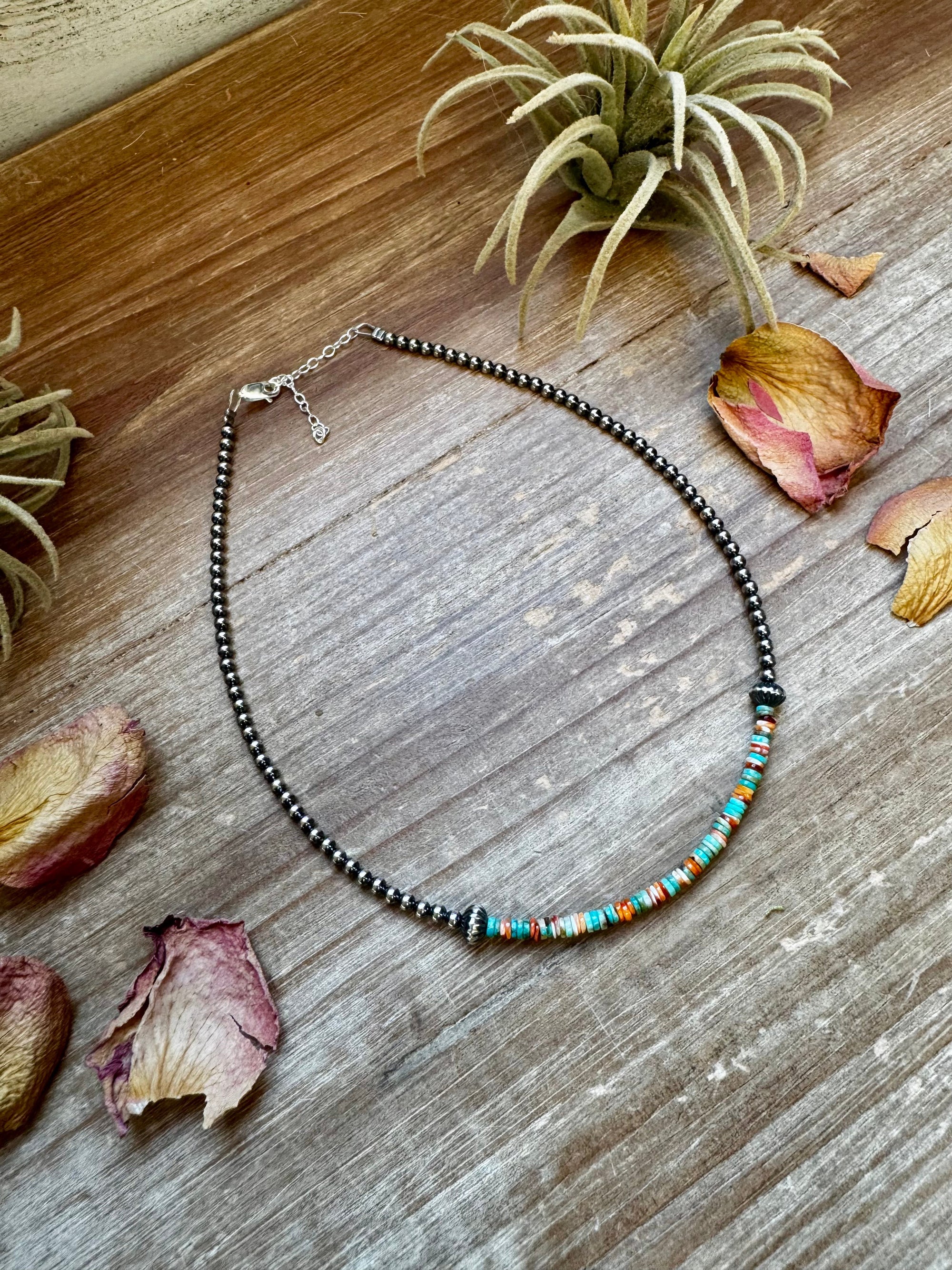 Sterling Silver Pearl Choker with Turquoise &amp; Spiny Oyster Heishi