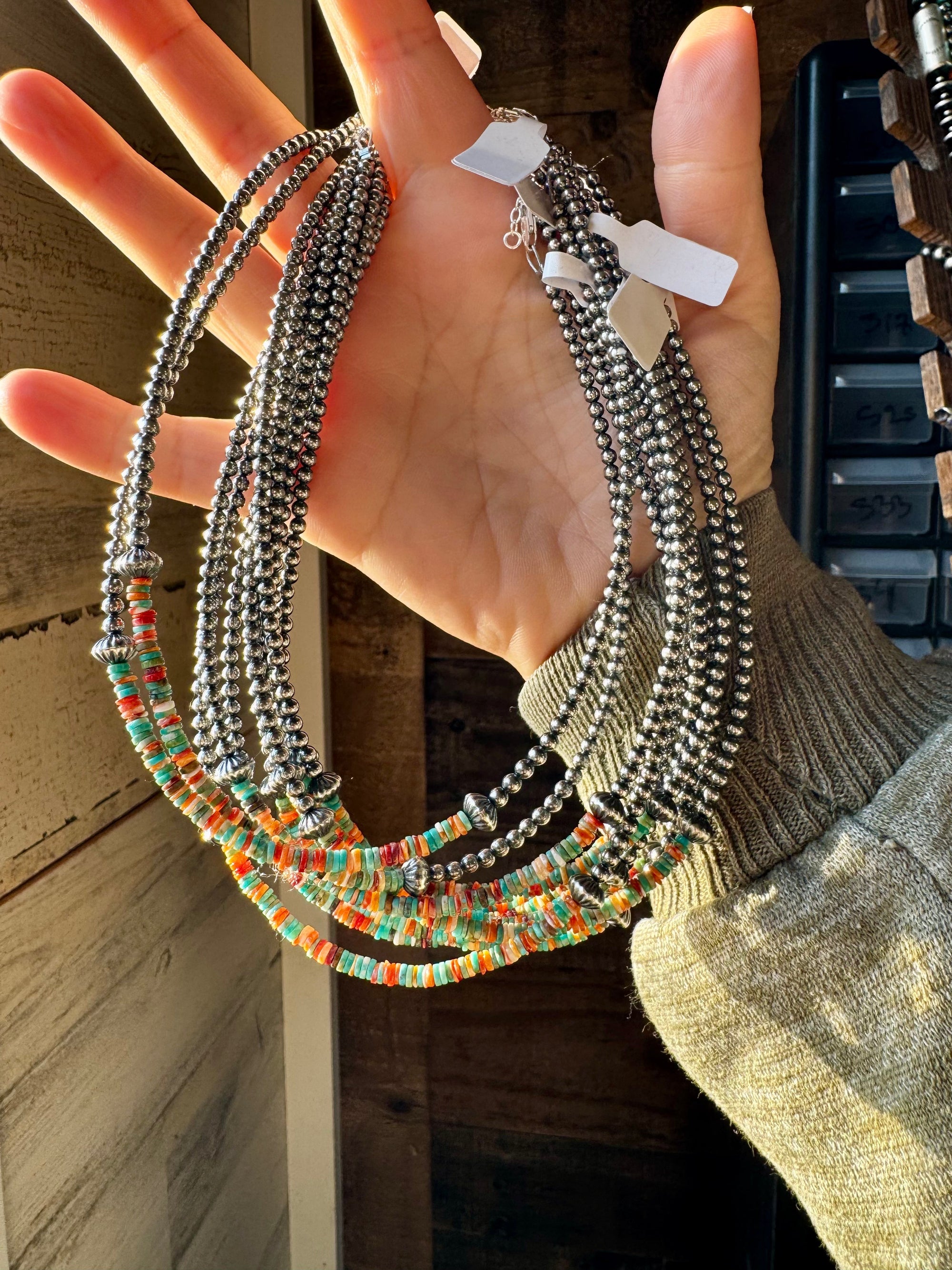 Sterling Silver Pearl Choker with Turquoise &amp; Spiny Oyster Heishi